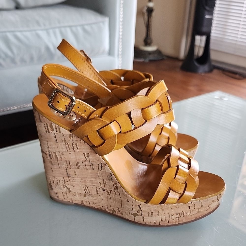 Tory Burch Calyca Leather And Cork Boho Chic Retro 70's Disco Vibe Heels‎ Size 9